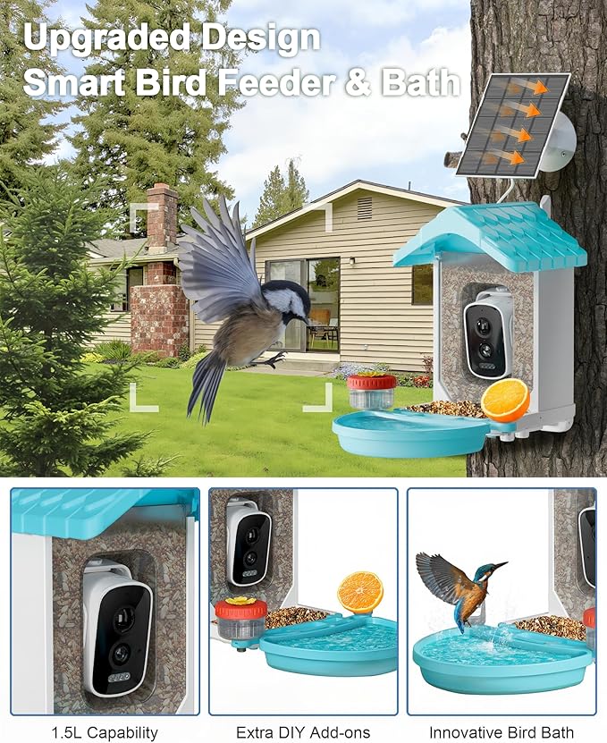 VISIOGEAR 2-in-1 Smart Wild Bird Feeder & Bath with 4K HD Camera, AI Identification Solar Bird Feeder Watching Camera Night Vision for Outdoor Birds Watching Gifts for Birdlover, Blue