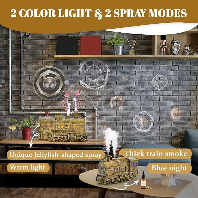 Train Humidifier Aroma Diffuser, 300ml Cool Mist Quiet Aromatherapy Diffuser for Essential Oils,Train Diffuser for Large Rooms, Bedrooms, or Desks (Bronze)