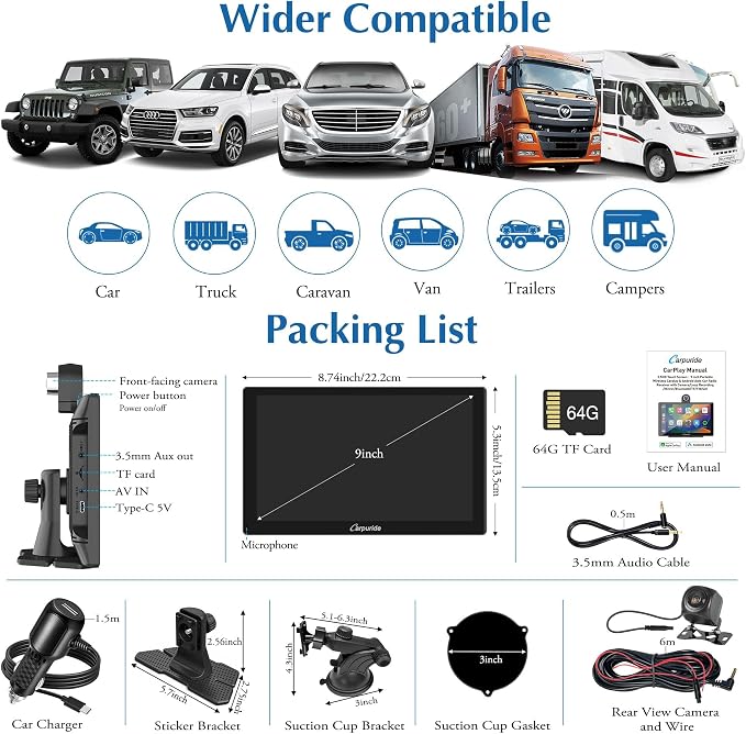 CARPURIDE W905 Wireless Carplay & Android Auto, Portable 9'' Touch Car Screen, 4K Dash Cam,Drive Play Car Play Navigation with Mirror Link/Siri/FM/Bluetooth/Light Sensor