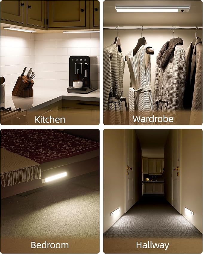 EZVALO 3 Pack Under Cabinet Lighting Wireless with Battery Indicator, 2000mAh Rechargeable Motion Sensor Light Indoor, 10inch 80 LED Under Counter Lights for Kitchen Closet, 3 Color Temps, Dimmable