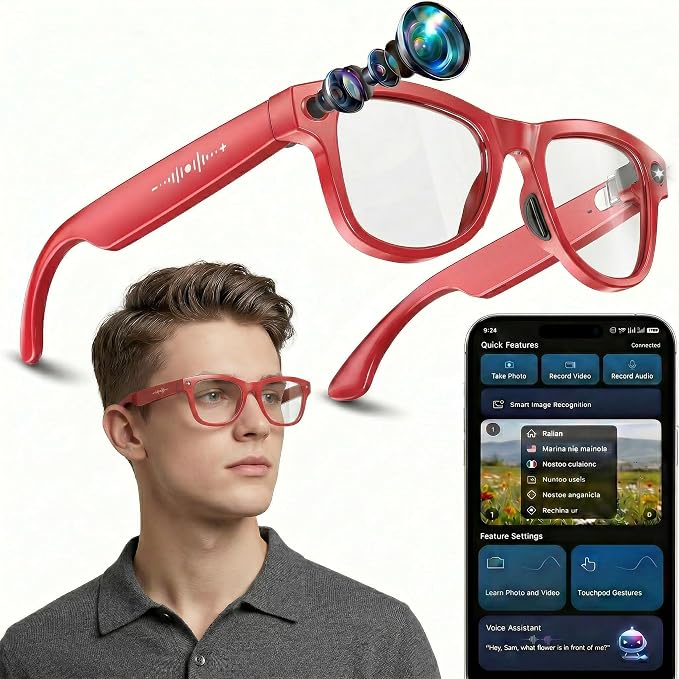 Smart Glasses with Open-Ear Audio & ENC Noise Reduction, 2026 AI Glasses with 8MP Camera, 139 Languages Real-Time Translator, ChatGPT Voice Assistant, UV & Blue Light Blocking for Men Women Daily