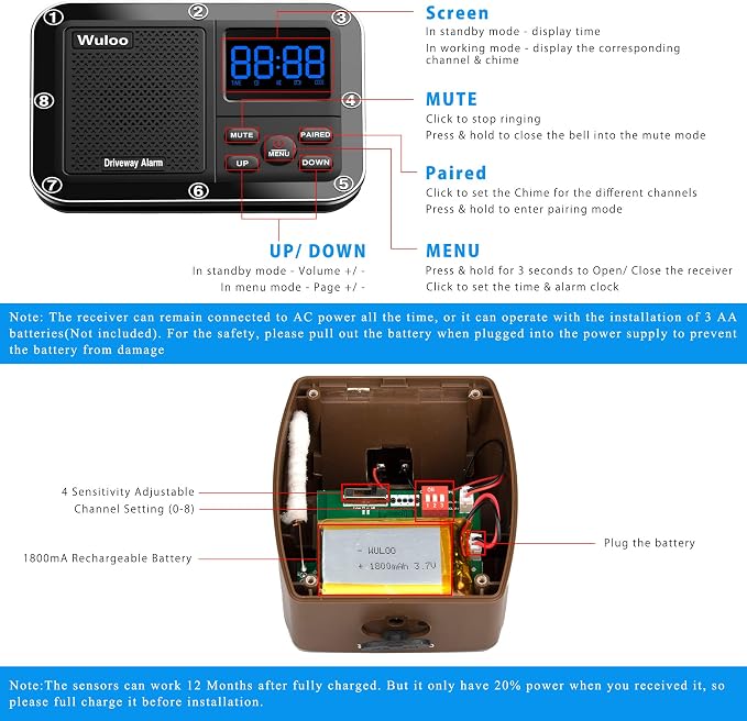 Solar Driveway Alarm Wireless Outside 1800ft Range, Outdoor Motion Sensor & Detector Driveway Alert System with Rechargeable Battery/Weatherproof/Mute Mode(1&2-Brown)