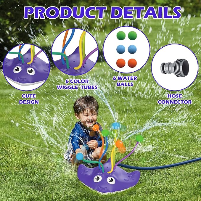 Kids Water Sprinkler Toy, Manta Ray Outdoor Splash Sprinkler with Wiggling Water Tentacles, Fun Backyard Summer Water Toy for Toddlers, Boys and Girls, Easy Garden Hose Connection