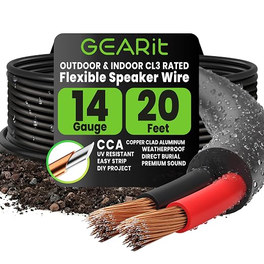 GEARit 14 Gauge Speaker Wire Cable,14 Gauge Wire CL3 Rated 20ft,Audio Cable with Red/Black Color Coded,Outdoor Speaker Wires for Home,Car,Outdoor,Patio,Garden,in-Wall,Backyard,CCA(Black,2-Conductors)