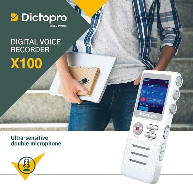 Voice Activated Digital Recorder - Ultra Sensitive Dual Mics, 8GB, 700H Storage, Noise Reduction Dictophone, Portable Audio Recording for Lectures, Meetings, Interviews, Work, Doctors - Dictopro X100