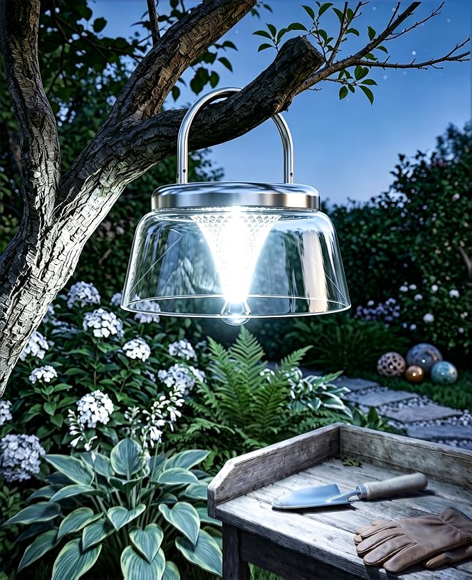 Solar Camping Lantern, Dimmable Warm White 360°COB LED Rechargeable Lantern with USB-C&Solar Charging, IP65 Waterproof Hanging/Tabletop Lamp for Indoor Outdoor, Tent, Patio, Emergency(Silver)
