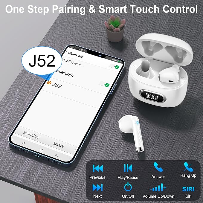 Wireless Earbuds, Bluetooth Headphones, Stereo Bass Ear Buds with ENC Noise Cancelling Mics,42H Bluetooth Earbuds with LED Display Charging Case, IP7 Waterproof Earphones for Android iOS/Glass white