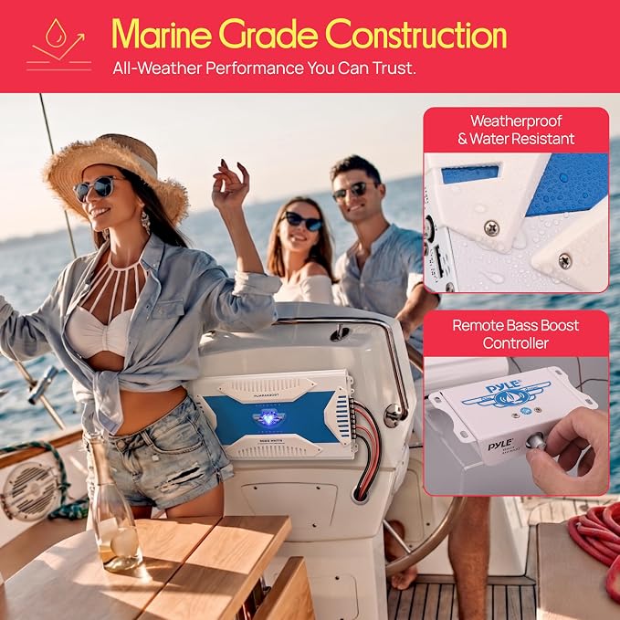 Pyle Hydra Marine Amplifier - Upgraded Elite Series 3000 Watt 8 Channel Bridgeable Amp Tri-Mode Configurable, Waterproof, MOSFET Power Supply, GAIN Level Controls and RCA Stereo Input - PLMRA830BT
