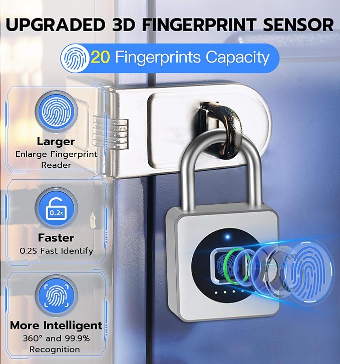 eLinkSmart Fingerprint Gym Locker Lock, Keyless Biometric Padlock, Weatherproof Electronic Digital Smart Combination Pad Lock for Outdoor Fence Gate Storage Helmet Ski Pool Shed (Silver, with Cable)