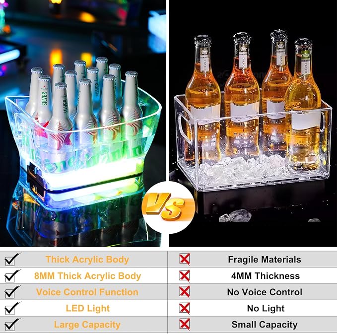 WILON LED Ice Bucket for Parties Large Capacity | Bar Party Acrylic Cooler with Remote & Colorful Lights for Beer Wine, Portable Tub for Indoor & Outdoor, Home Essential