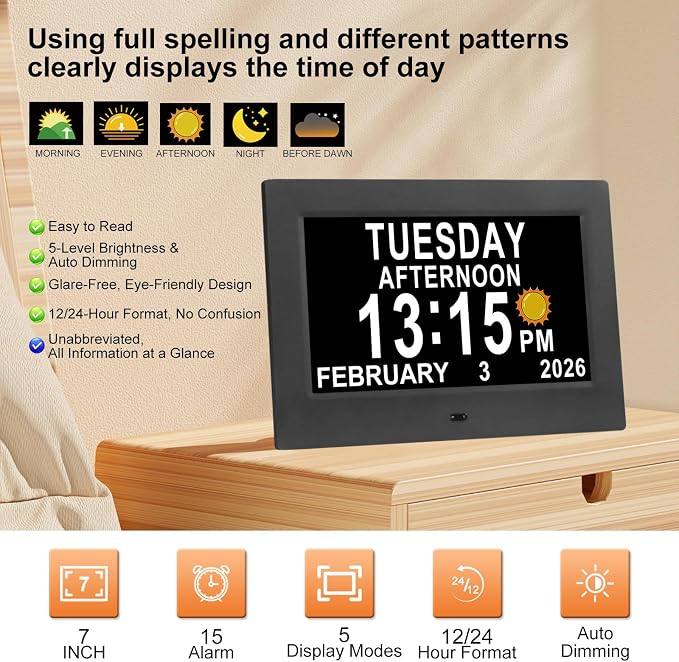KASTISS Dementia Digital Clock for Seniors 7" Large Display Clock with Day and Date for Elderly Easy to Use 15 Alarms 5 Colors Auto Dimmable Alarm Clock for Bedroom Classroom Senior Gifts (Black)