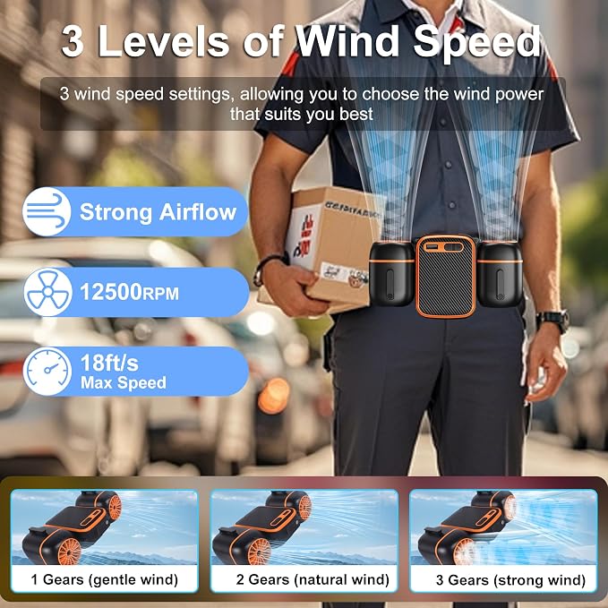 Portable Waist Fan Clip on 1000mAh Wearable Belt Personal Fan Rechargeable Hands-Free Cooling Neck Fans with Dual Outlet, 3 Speeds 12500RPM Strong Airflow, Max 24H Working Time for Outdoor Camping