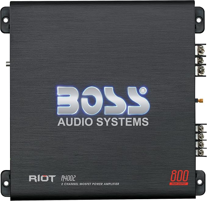 BOSS Audio Systems R4002 Riot Series Car Audio Stereo Amplifier – 800 High Output, 2 Channel, Class A/B, 2/4 Ohm, Low/High Level Inputs, High/Low Pass Crossover, Full Range, Bridgeable, Subwoofer