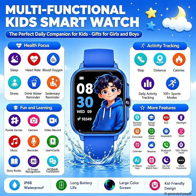 Smart Watch for Kids, 1.85" Fitness Tracker with Camera, Game, Music, SOS, AI, Alarm Clock, Video,Parent Control, 24/7 Heart Rate Sleep Monitor, 100+ Sport Modes, IP68 Waterproof, Gifts for Boys Girls