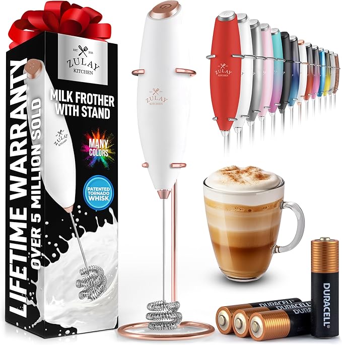 Zulay Kitchen Powerful Milk Frother Wand With Duracell Batteries - Ultra Fast Handheld Drink Mixer - Electric Whisk Foam Maker for Coffee, Lattes, Cappuccino & Matcha - Triple Whisk - Rose Gold