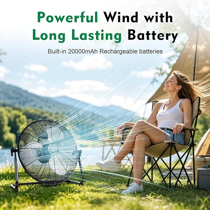DBF 18" Solar Powered Fan - Rechargeable Outdoor Floor Fan with 30W Solar Panel, Portable Large Solar Fans for Outside Home Garage Camping Greenhouse RV Gym Patio Travel