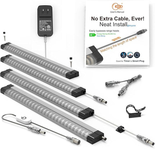 EBD Under Cabinet Lighting Plug in 4 Pcs 12 Inch, Dimmable No Messy Wires Built-in Adjustable Cable LED Light Bar 6500K 1800LM for Kitchen Home Office, Memory for Smart Plug, 1 Pcs Extension Cables