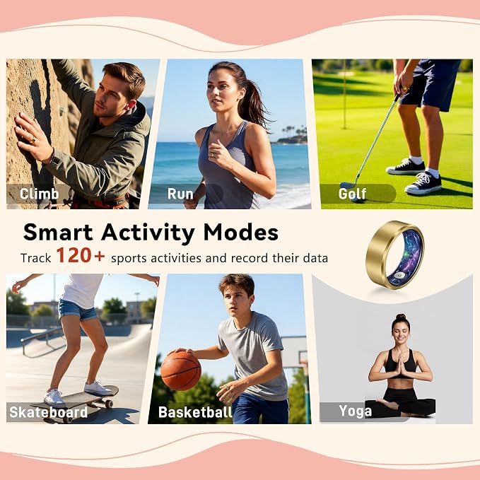 Smart Ring for Women & Men, Health & Fitness Tracker with Heart Rate/Sleep Monitoring/Blood Pressure, 5ATM Waterproof,Activity Trackers with Free App,Stylish Fitness Ring Birthday Gift(Size 12, Gold)