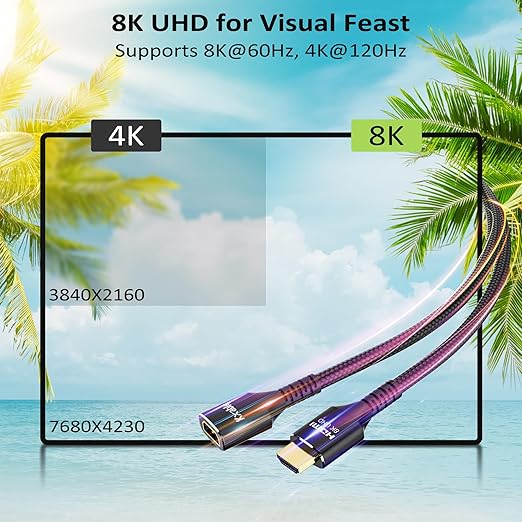 Kxable 8K HDMI Extension Cable 10 FT, HDMI 2.1 Ultra High Speed Male to Female Cord Adapter, OFC Conductor, Compatible with Roku TV Stick PS5 PS4 Xbox Laptop PC Player Google Chromecast Wii U HDTV