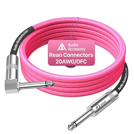 AA AUDIO ACCESSORY Right Angle Guitar Cable 10 ft, Nylon Braided Kevlar-Reinforced, 20AWG 99.99% OFC 1/4 Instrument Cable, Dual Shielded Amp Cord for Fender Electric Guitar, Neon Pink