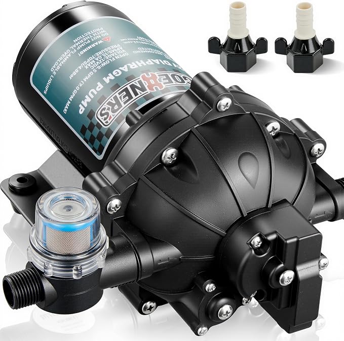 [Upgraded Version] 12V DC Fresh Water Pump, 6.5GPM 70PSI Five Chamber Self-Priming Diaphragm Pump with Heavy Duty Pressure Switch and Strainer for RV, Marine, Caravan