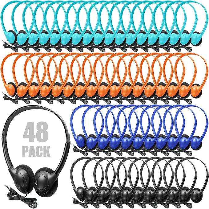 Frienda 48 Pack Classroom Headphones Bulk, Wired School Headsets for Students, Stereo Headphones with 3.5 mm Plug for Classroom, Online Learning, Library(Classic,Blue, Orange, Navy, Black)
