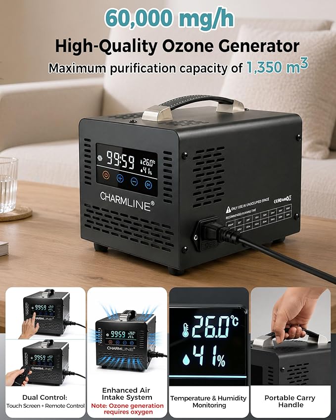 Charmline 60,000 mg/h Smart Ozone Generator with Remote Control, High Capacity O3 Commercial Ozone Machine, Odor Eliminator for Smoke, Pet Smells, Cars, Rooms & Basements, Black