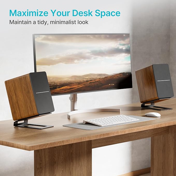 PEGZONE Desk Speaker Stands for Most Bookshelf Speakers, 22 lbs Capacity, Speaker Riser with Anti-Vibration Pads，16°Tilt Angle, Space-Saving Audio Stands for PC Speakers,1 Pair, Black