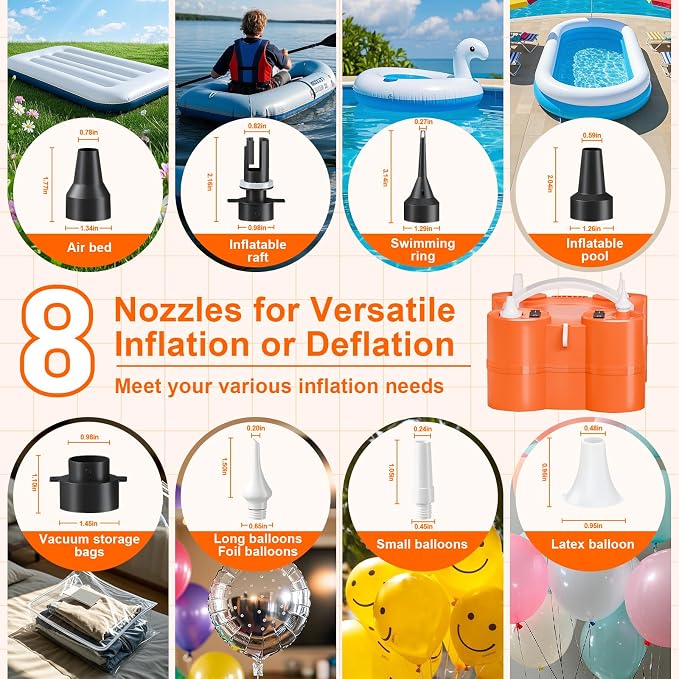 FLSEPAMB Electric Balloon Pump, 3-in-1 Portable Electric Air Balloon Blower Machine Balloon Pump 2 Motor Dual Nozzle Balloon Inflator for Latex 260Q Long Foil Balloons Swimming Rings Air Beds