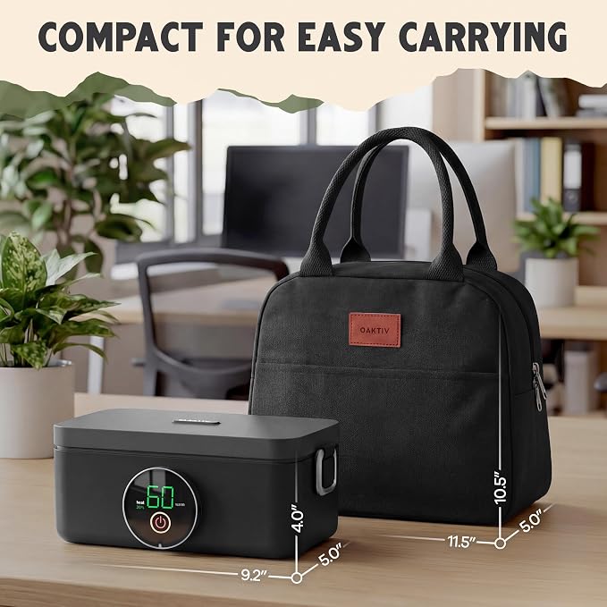 Oaktiv Lunch Box Warmer, Electric Heated Lunch Box for Adults, 4-Cup Cordless Portable Food Warmer with Scheduled Timer, Rechargeable with Insulated Bag