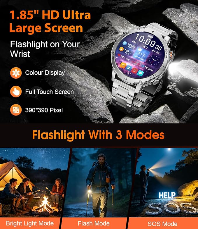 LIGE Military Smart Watch for Men, 1400mAh 60-Days Battery, 1.85" HD Smartwatch with LED Flashlight, 100+ Sports Mode, IP68 Waterproof, Pedometer, Fitness Watch for Android iOS (Sliver)