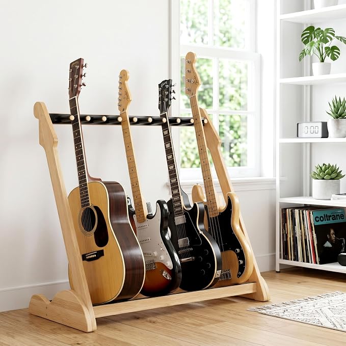 Guitar Stand Rack, Multi-Guitar Display Rack Adjustable Bamboo Guitars Holder Electric Guitar Stands Floor Storage for Bass Acoustic, Home Studio, Band Stage (Natural-B)