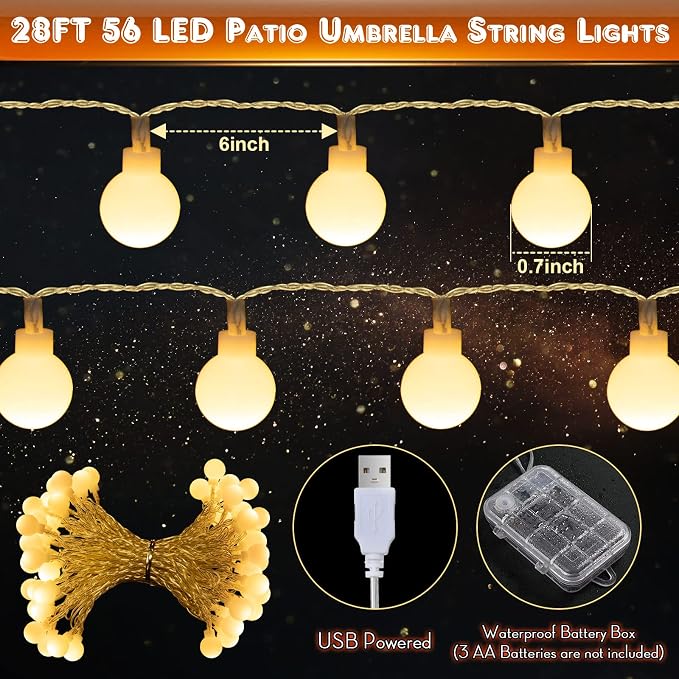 1 Pack 32 Feet Patio Umbrella Lights, 8 Lighting Modes LED String Lights with 64 Pcs Shatterproof Globe, Remote Control Battery & USB Powered, Waterproof Hanging Light Decorate for Patio