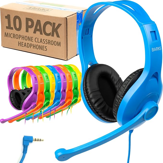 Barks Classroom Headphones with Microphone Bulk 10 Pack (Colors, 3.5mm) | Durable Everyday Student Use, Colorful Class Sets, Headsets with Mics, Adjustable Fit, Clear Voice, Easy Clean, K-12 Testing