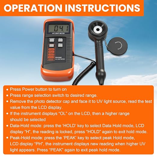 UV Light Meter Professional UV Monitors Measurable of UVA Light Measure Tester with 320~390nm Range Portable UV Sunlight Tester (Model UVA365)