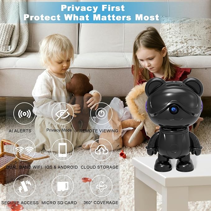3K 5MP Indoor Security Camera for Home – Cute Bear Baby Monitor & Pet Camera, 2.4/5G WiFi, AI Human & Pet Detection with Auto Tracking, IR Night Vision, RTSP/ONVIF, Works with Alexa & Google