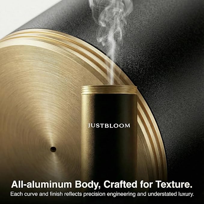 JustBloom Waterless Essential Oil Diffuser, 4000 Sq Ft, App Control, Black | 360° diffusion nozzle, 3-color ambient light, 5000mAh battery and tip-over protection for large rooms, home and office.