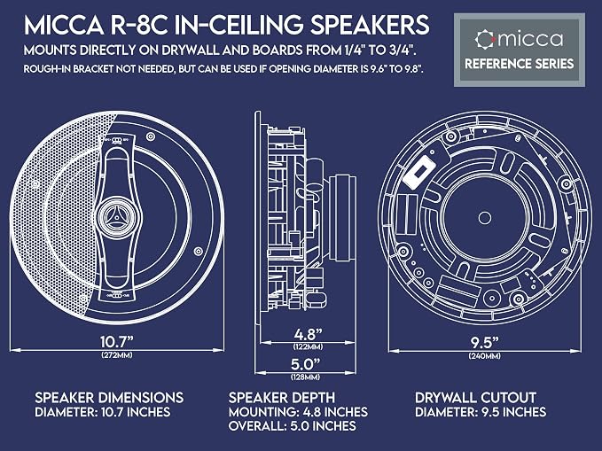 Micca Reference Series R-8C 2-Way in Ceiling in Wall Speaker, 8 Inch Woofer, 1-Inch Pivoting Aluminum Dome Tweeter, Tone Controls, 9.5-Inch Cutout Diameter, Each, White