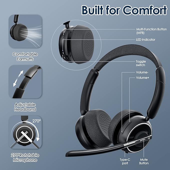 PrancyBt Upgraded Wireless Headset with Mic for Work, Bluetooth Headset with Noise Canceling Microphone with Dongle, Charging Base & Mic Mute, Wireless Headphones for Work from Home/PC/Computer