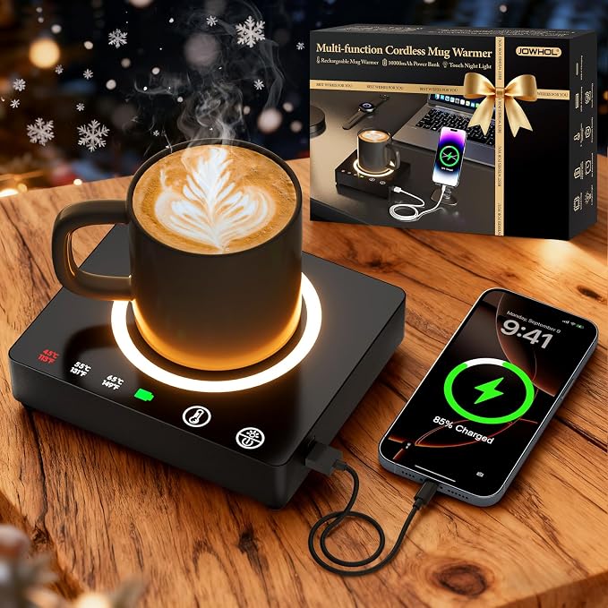 Mug Warmer Cordless 180 Min Battery Life - 10000mAh Portable Charger, Wireless Coffee Cup Warmer for Desk, 3 Temp Settings, Smart Candle Heat Plate for Home, Office, Travel, Camping & Gifts for Men