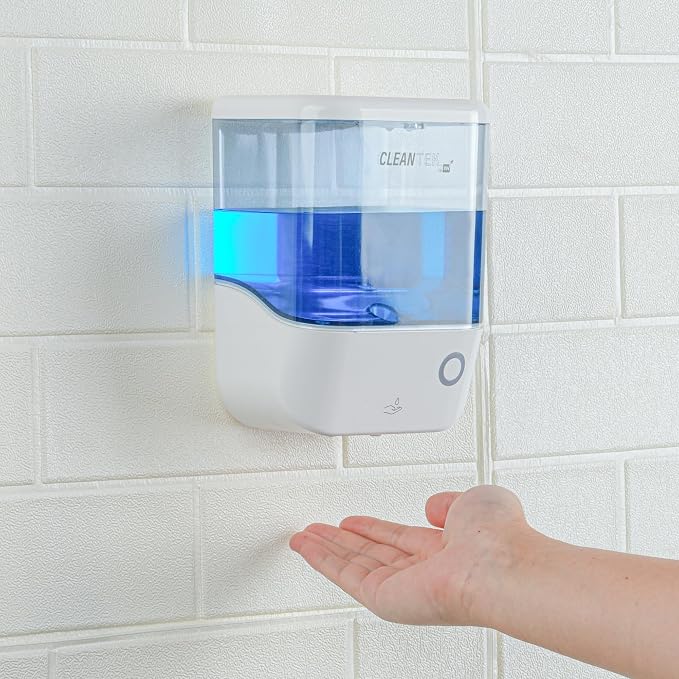 Restaurantware-Clean Tek Professional 34 Ounce Automated Soap Dispenser, 1 Touchless Wall-Mountable Soap Dispenser - Security Key, Arctic Blue Plastic Soap Dispenser, Transparent, for Liquid Soap