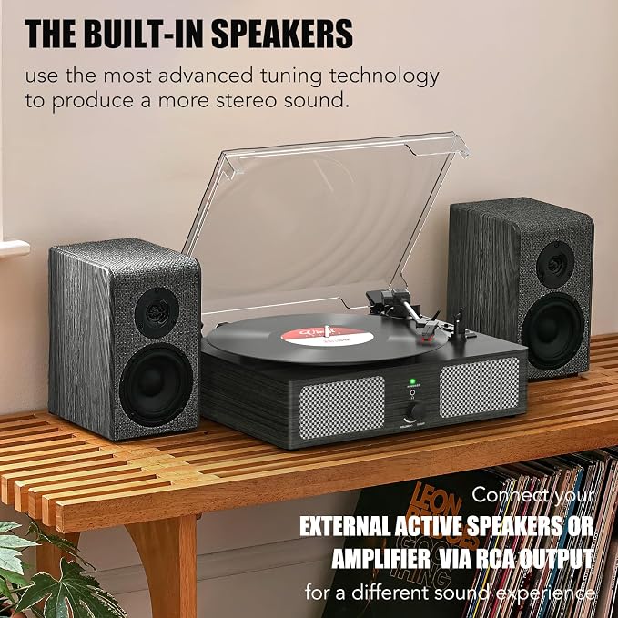 Vinyl Record Player Wireless Turntable with Built-in Speakers and USB Belt-Driven Vintage Phonograph Record Player 3 Speed for Entertainment and Home Decoration Black