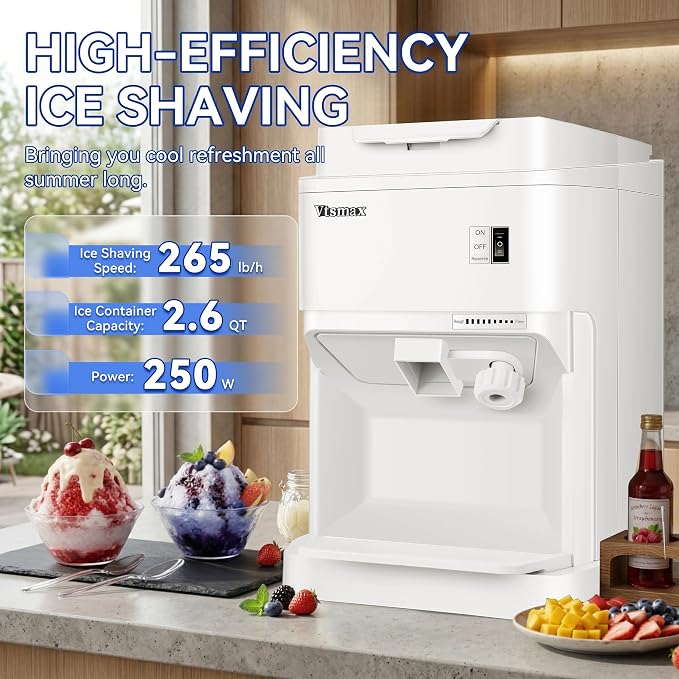 Electric Ice Shaver, 250W Shaved Ice Machine, Thickness Adjustable Ice Shaving Machine 265LBs/hr Rotate Speed & Strong Power Snow Cone Machine for Home and Parties Events Snack Bar(2.6Qt)