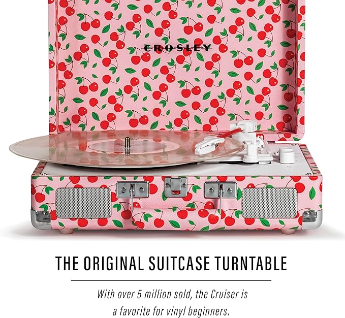 Crosley CR8005F-RC Cruiser Plus Vintage 3-Speed Bluetooth in/Out Suitcase Vinyl Record Player Turntable with Built-in Speakers, Retro Cherry