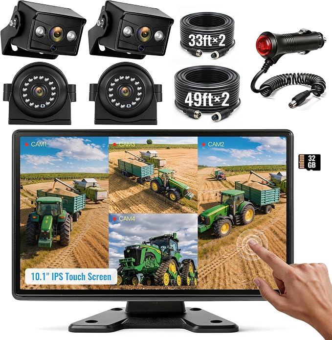 1080P Wired Backup Camera System, 10.1" DVR IPS Touchscreen + 4 IP69K Water/Dust Proof Rear & Side Cameras, Vibration-Proof 20G for Hitching, Farm Work, UTV, Trailer, Tractor, Truck, Combine