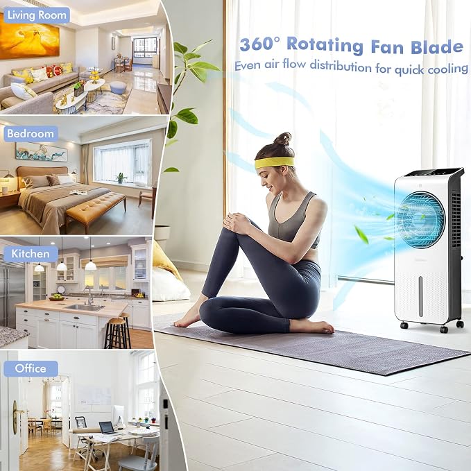 COSTWAY Evaporative Air Cooler, 3-in-1 Portable Swamp Cooler w/Fan & Humidifier, Air Cooling Fan w/ 360° Rotating Fan Blade, 3 Modes, 24 Speeds, 12H Timer, 2 Ice Packs, LED Display, Remote Control