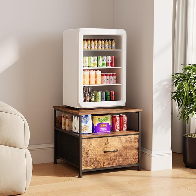 Unionly 180 lb Mini fridge Table with Drawer fridge Shelf, Smal fridge cabinet with storage,Heavy Duty Mini Fridge Standwith Charging Station, 4 Adjustable Feet for Home Kitchen Rustic Brown