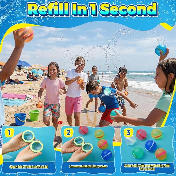 24 Pcs Reusable Water Balloons, Self-Sealing Refillable Water Balls, Pool Toys for Kids Ages 4-14, Pool Beach & Outdoor Water Ballons