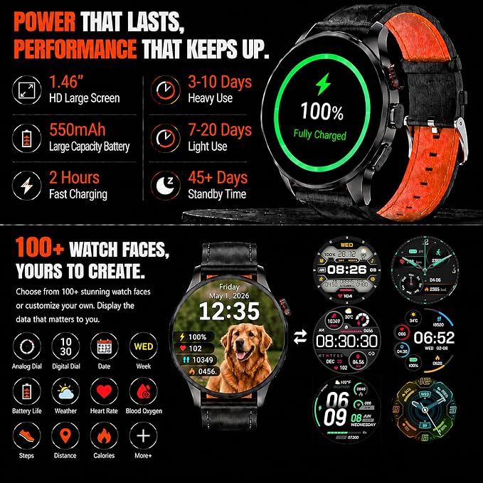 Smart Watch for Men with GPS, 1.46" AI Smartwatch, BT Call/Text Reply, Heart Rate/Sleep Monitor/Health Analysis, 100+ Sports Modes, 5ATM Waterproof Fitness Tracker for Android iOS – 2 Bands