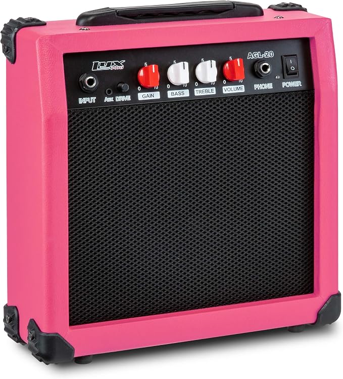 LyxPro Electric Guitar Amp 20 Watt Amplifier Built in Speaker Headphone Jack and Aux Input Includes Gain Bass Treble Volume and Grind - Pink